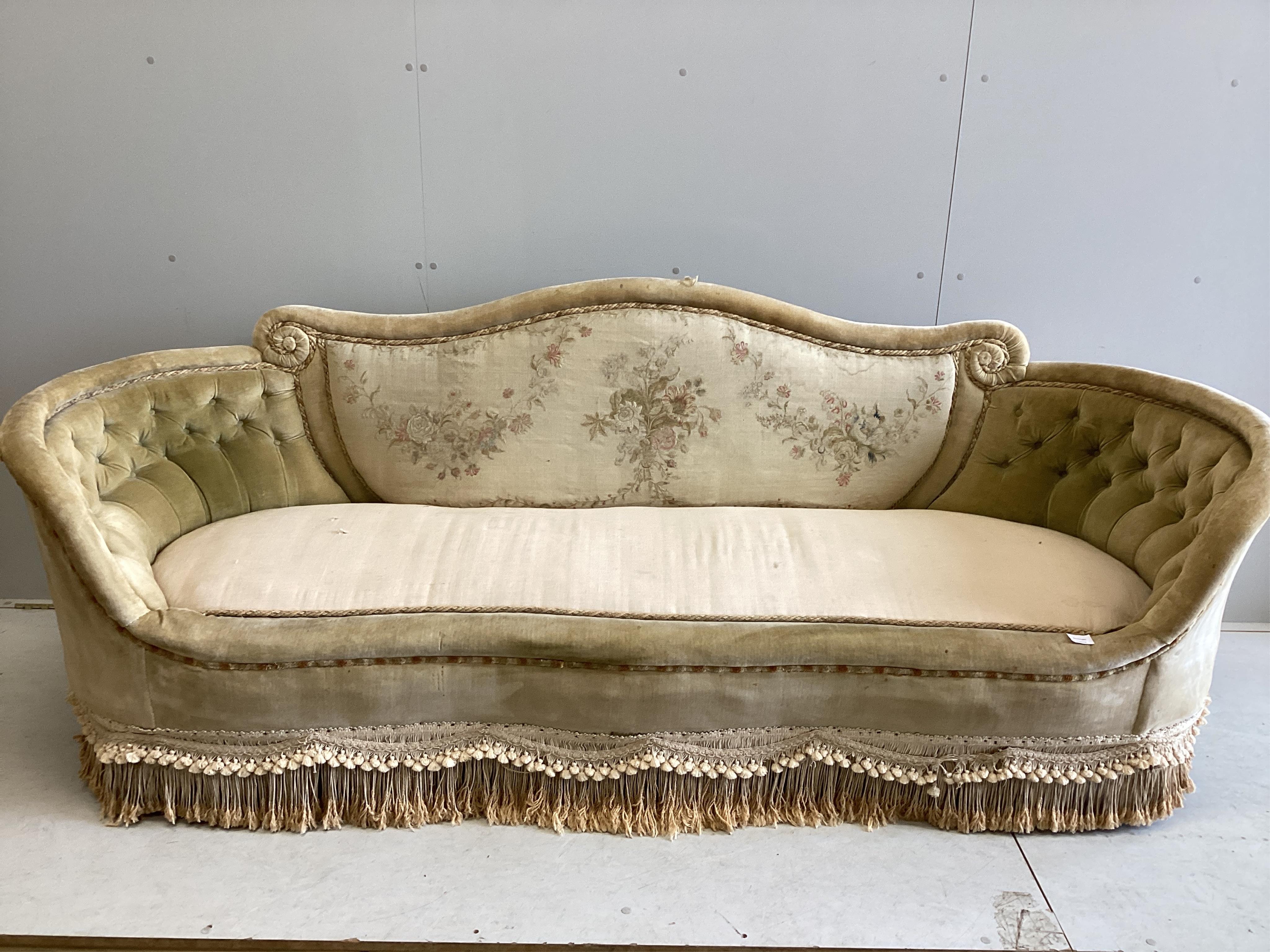 An early 20th century Aubusson style upholstered settee, width 240cm, depth 80cm, height 88cm. Condition - fair